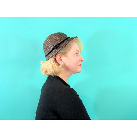 Vintage 1950s Wicker Hat Small Brim Straw Cap - Picture 7 of 10